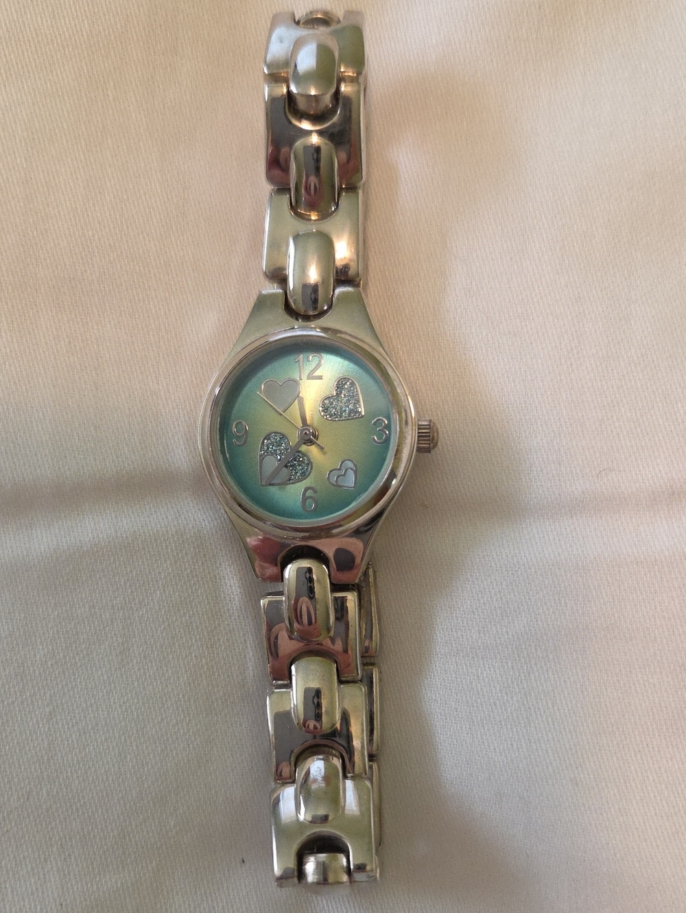 Women's Silver Tone Bracelet Watch with Aqua Heart Dial